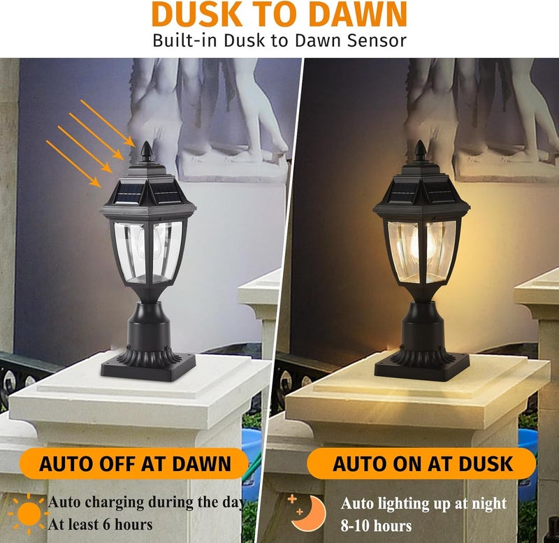 TEBLAMPUE Solar Outdoor Post Lights 1 Pack, Dusk to Dawn Outdoor Column Light with Pier Mount Base, Black Exterior Solar Powered Pole Light for Outside Porch Yard Pathway Driveway - Image 1